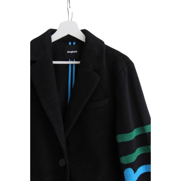 Desigual Estonia Coat Colorful Lettering Sleeves Wool Black Large - Picture 8 of 15